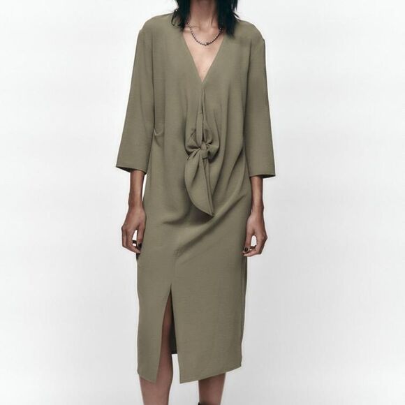 ZARA Fluid Knot Sage Green 3/4 Sleeve Draped Pleated Front Slit Midi Dress M - Picture 3 of 13